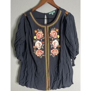 APRIL SKY Women's Large Boho Embroidered Floral Tunic Top Cold Shoulder‎ Peasant